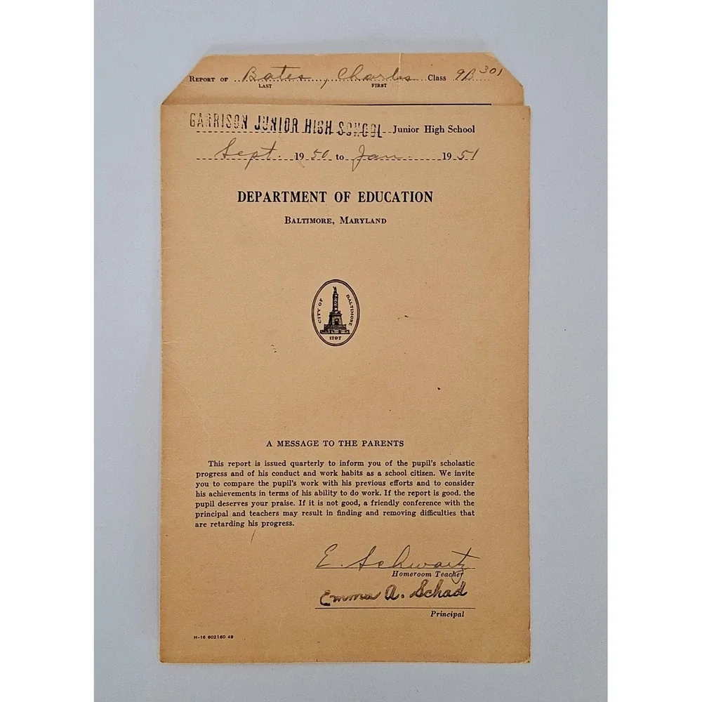 1950-51 Garrison Junior High School Baltimore Report Card Charles Bates